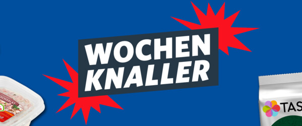 Banner mit der Aufschrift „Wochenknaller“ und verschiedenen Markenprodukten, die als aktuelle Angebotsartikel dargestellt sin