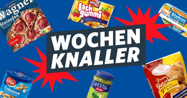 Blaue Grafik mit dem Schriftzug „Wochenknaller“ und verschiedenen Produkten wie Pizza, Lachgummi, Erdnüssen, Pesto und Gebäck drumherum.