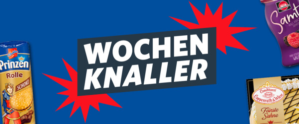 Grafik mit dem Schriftzug „Wochenknaller“ umgeben von verschiedenen Lebensmitteln, darunter Räucherlachs, Prinzen Rolle, Erasco Hühner-Nudel-Topf, Lorenz Erdnußlocken und weitere Produkte.
