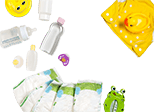 Verschiedene Babyprodukte wie Windeln, Fläschen und Lotion