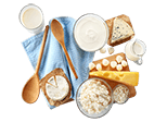 Gedeck mit Frischkäse, Käsesorten und Holzlöffel