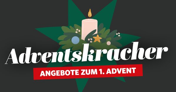 Grafik mit einer brennenden Adventskerze auf Tannenzweigen und dem Schriftzug „Adventskracher – Angebote zum 1. Advent