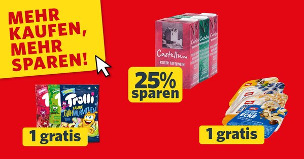 Roter Hintergrund, darauf Produkte, Mehrfachabbildung. gelbe Felder mit dunkler Schrift: "25% Sparen" oder "1 Gratis". 
