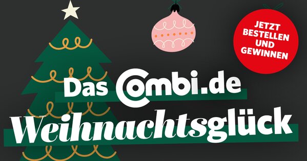 Weihnachtliches Banner mit Tannenbaum, Christbaumkugel und rotem Button mit der Aufschrift „Jetzt bestellen und gewinnen“. Text: „Das Combi.de Weihnachtsglück