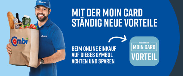 Blaue Grafik mit Schriftzug „Mit der Moin Card ständig neue Vorteile" und „Beim  Online Einkauf auf dieses Symbol achten und sparen". Daneben eine Abbildung eines Mannes mit einer Einkaufstüte.