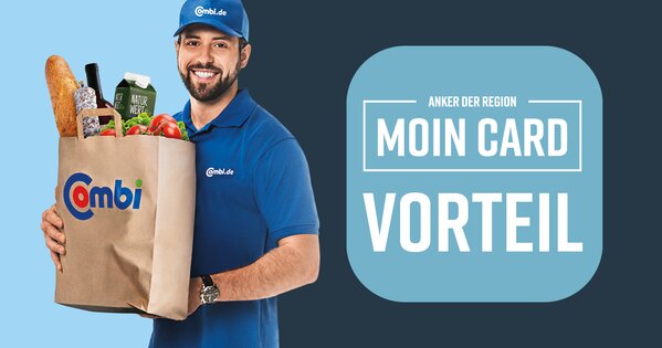 Blau-Graue Grafik mit dem Schriftzug „Anker der Region - Moin Card Vorteil. Daneben eine Abbildung von einem Mann mit einer Einkaufstüte.